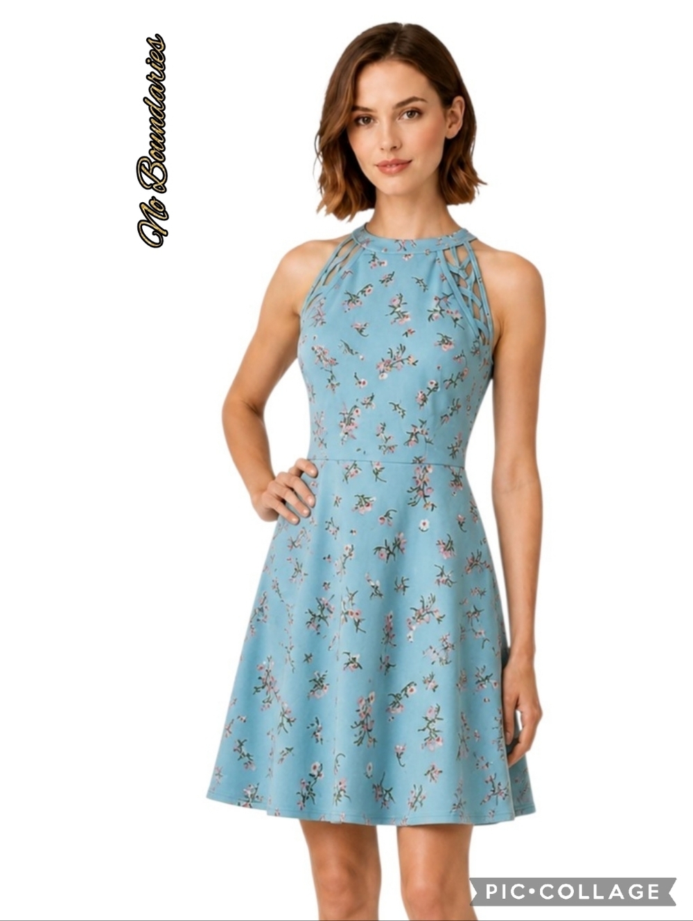 No Boundaries dress aqua floral halter neckline fit n flair with a flowing swing